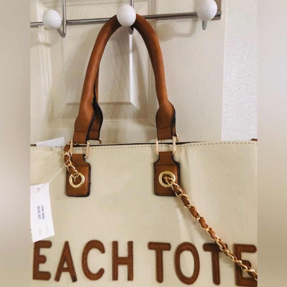 Cee Klein canvas brown trim gold chain strap crossbody ‘beach tote’ tote bag - Picture 6 of 16